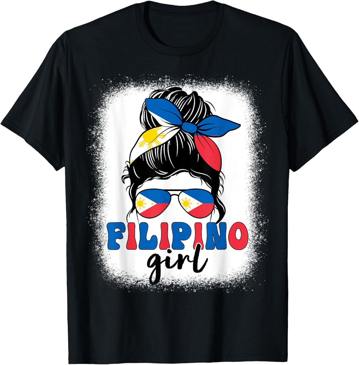 Filipino Girl Messy Bun Philippines Flag Patriotic Women Kid T-Shirt - T-Shirt | Black