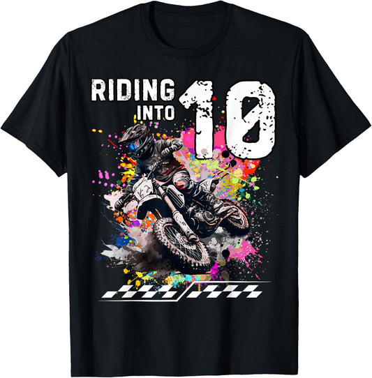 Motocross Birthday 10th Year Old Riding Into 10 MX Dirt Bike T-Shirt - T-Shirt | Black
