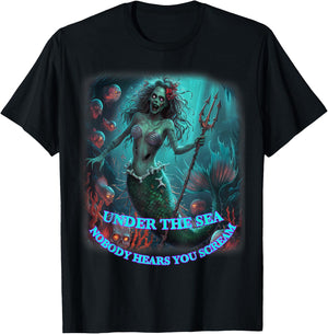 Zombie Mermaid Halloween Spooky Skulls Mermaids Fantasy T-Shirt - T-Shirt | Black