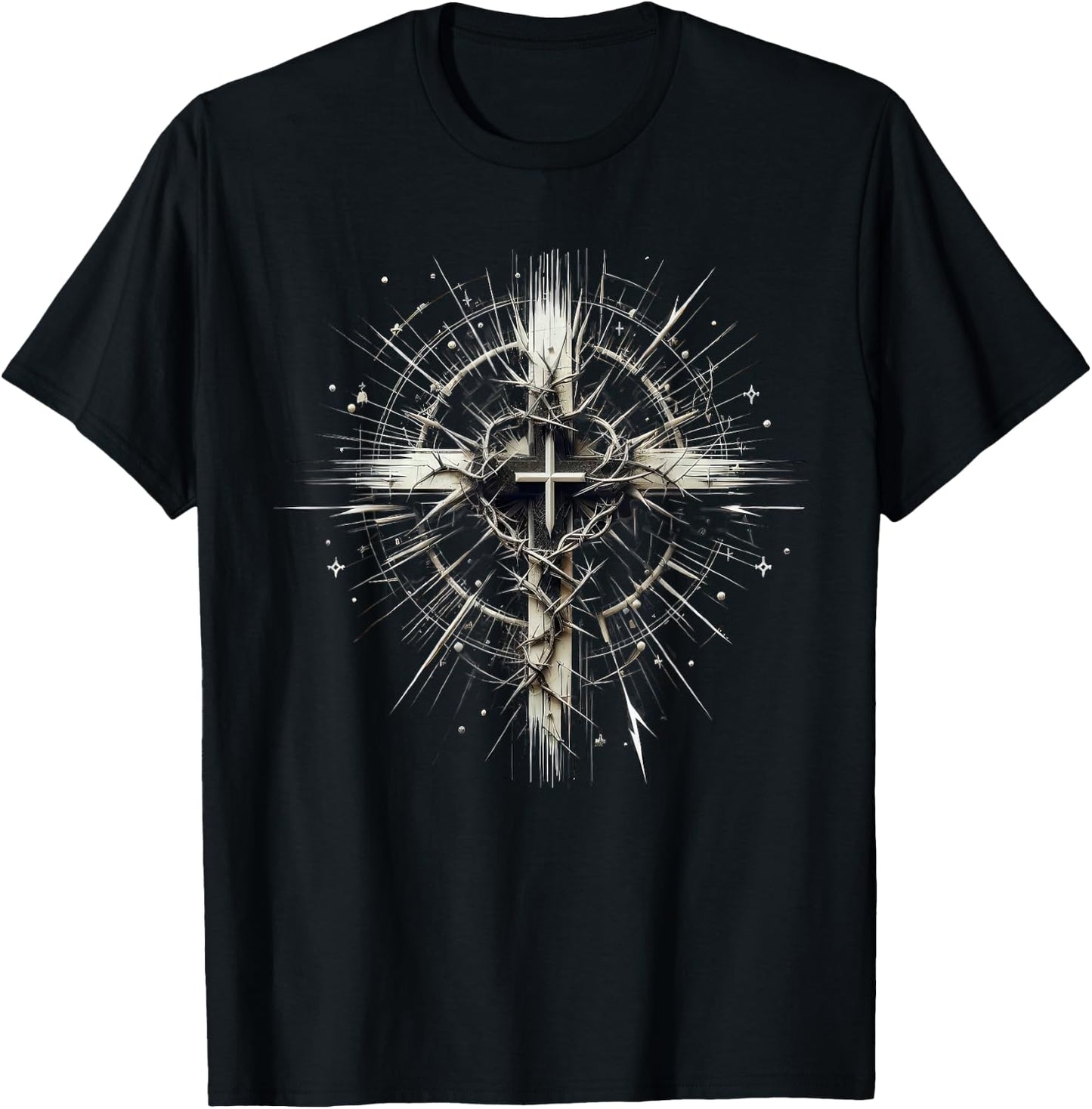 Edgy Punk Art Style Christian Cross Lightning Thorns Grunge T-Shirt - T-Shirt | Black
