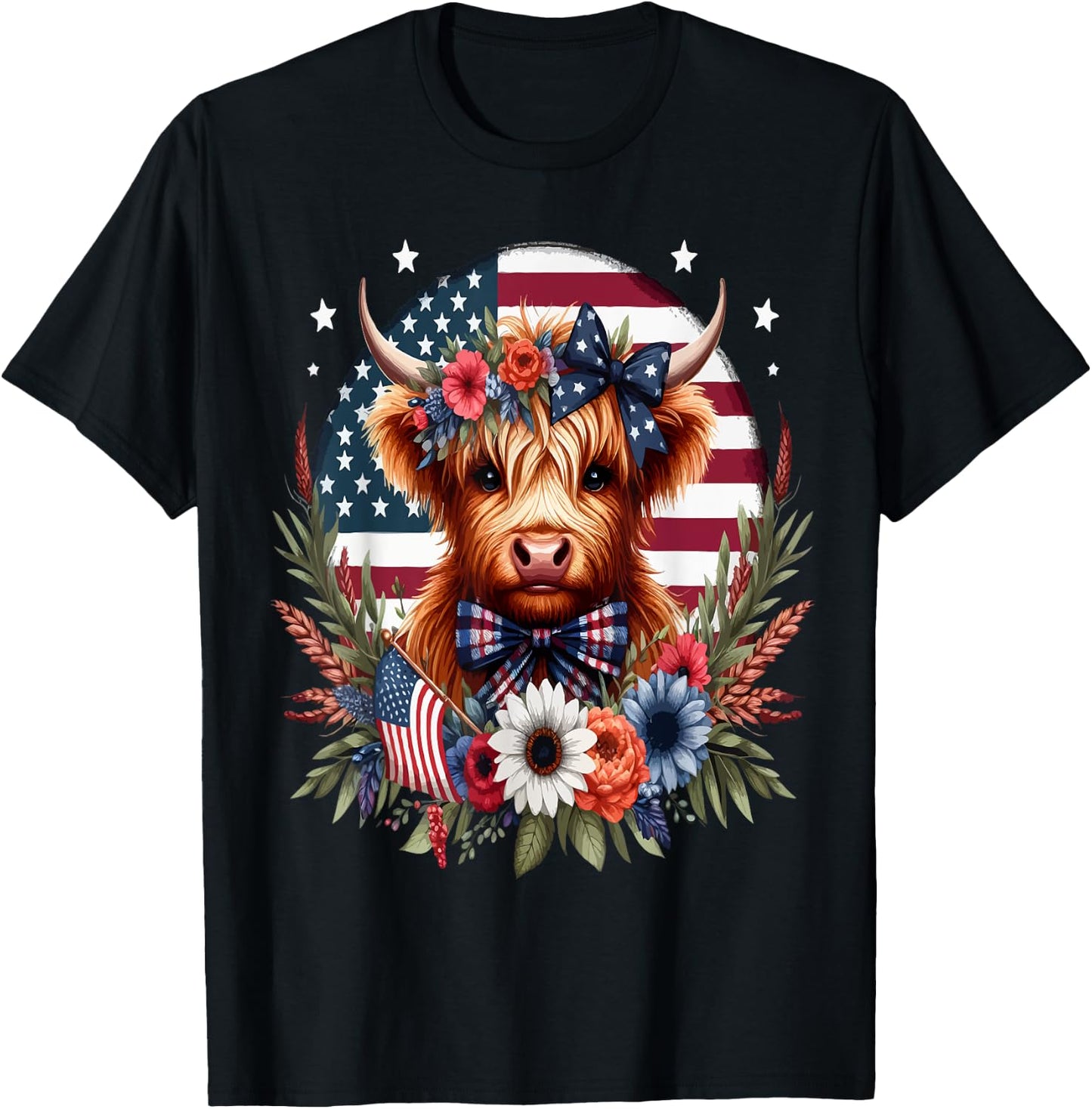 Cute Highland Cow Florals 4th of July USA Flag Patriotic Cow Men T-Shirt - T-Shirt | Black