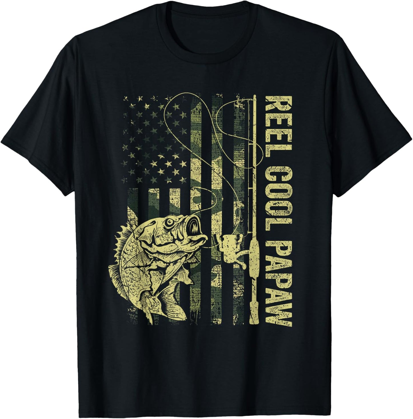Reel Cool Papaw Camouflage American Flag Father's Day Gift T-Shirt - T-Shirt | Black