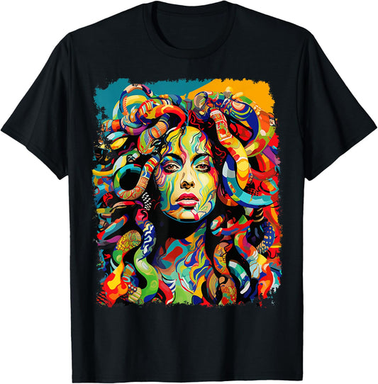 MythoThreads Women's Medusa Graphic - Black, Short Sleeve, Regular Fit, Small T-Shirt - T-Shirt | Black