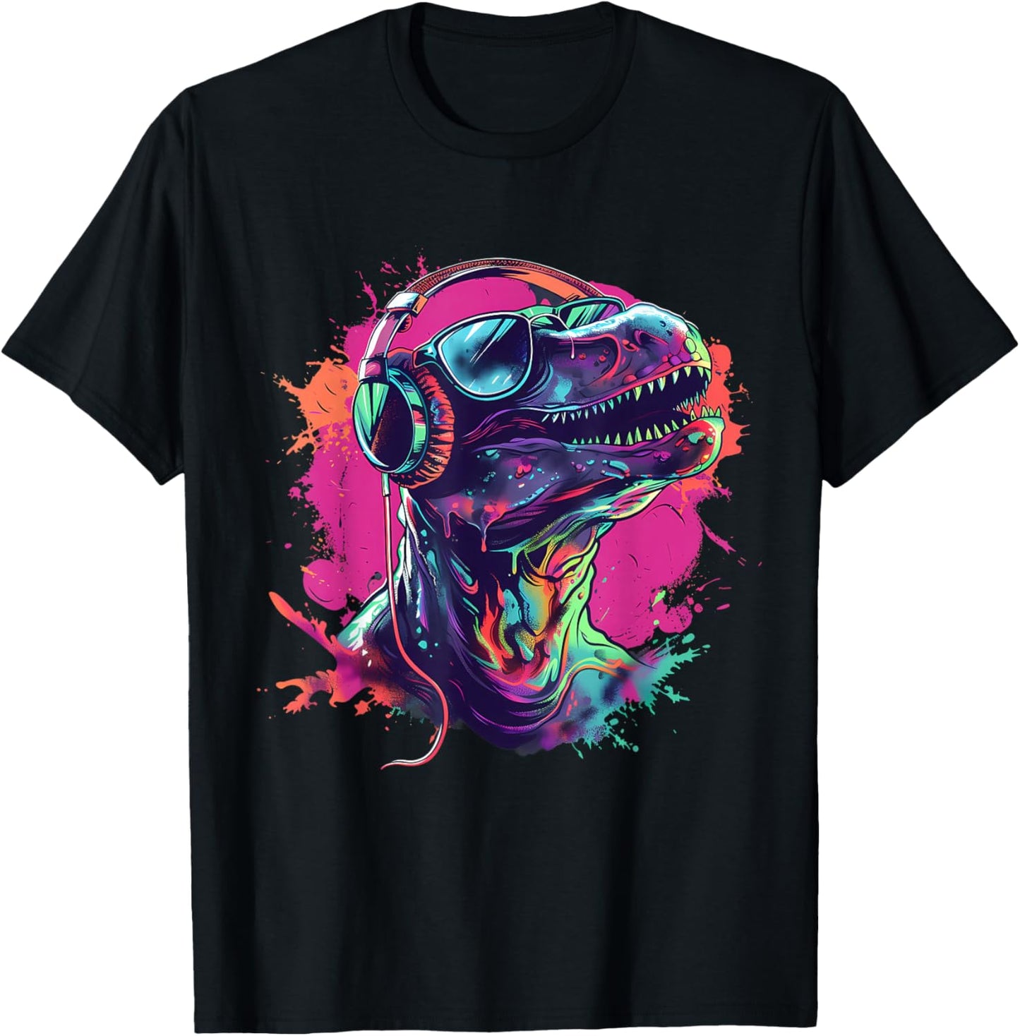 Dinosaur Music DJ Splash Techno Beatmaker Music Headphones T-Shirt - T-Shirt | Black