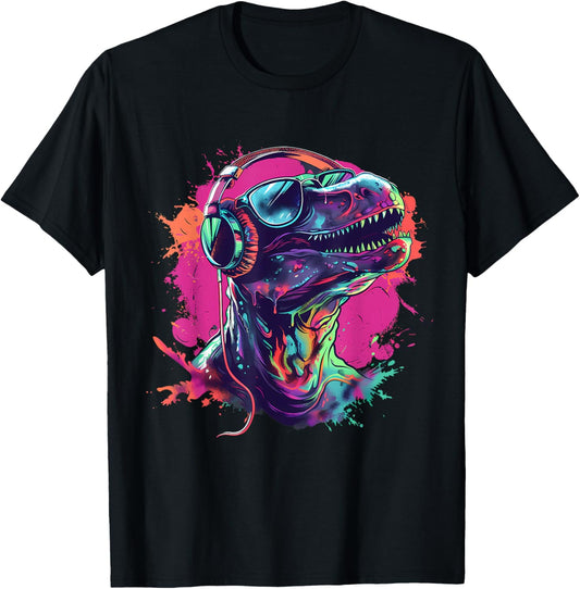 Dinosaur Music DJ Splash Techno Beatmaker Music Headphones T-Shirt - T-Shirt | Black