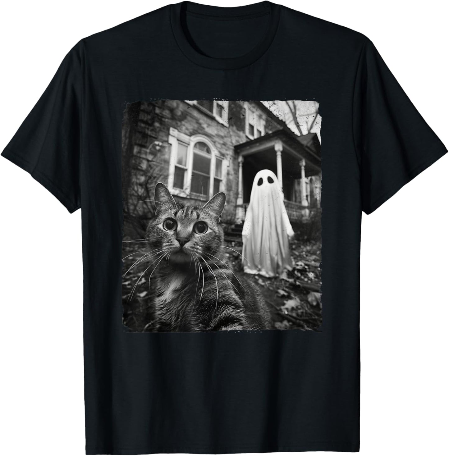 Funny Cat Selfie Ghost Halloween House Photo Haunted Spooky Women Kids T-Shirt - T-Shirt | Black