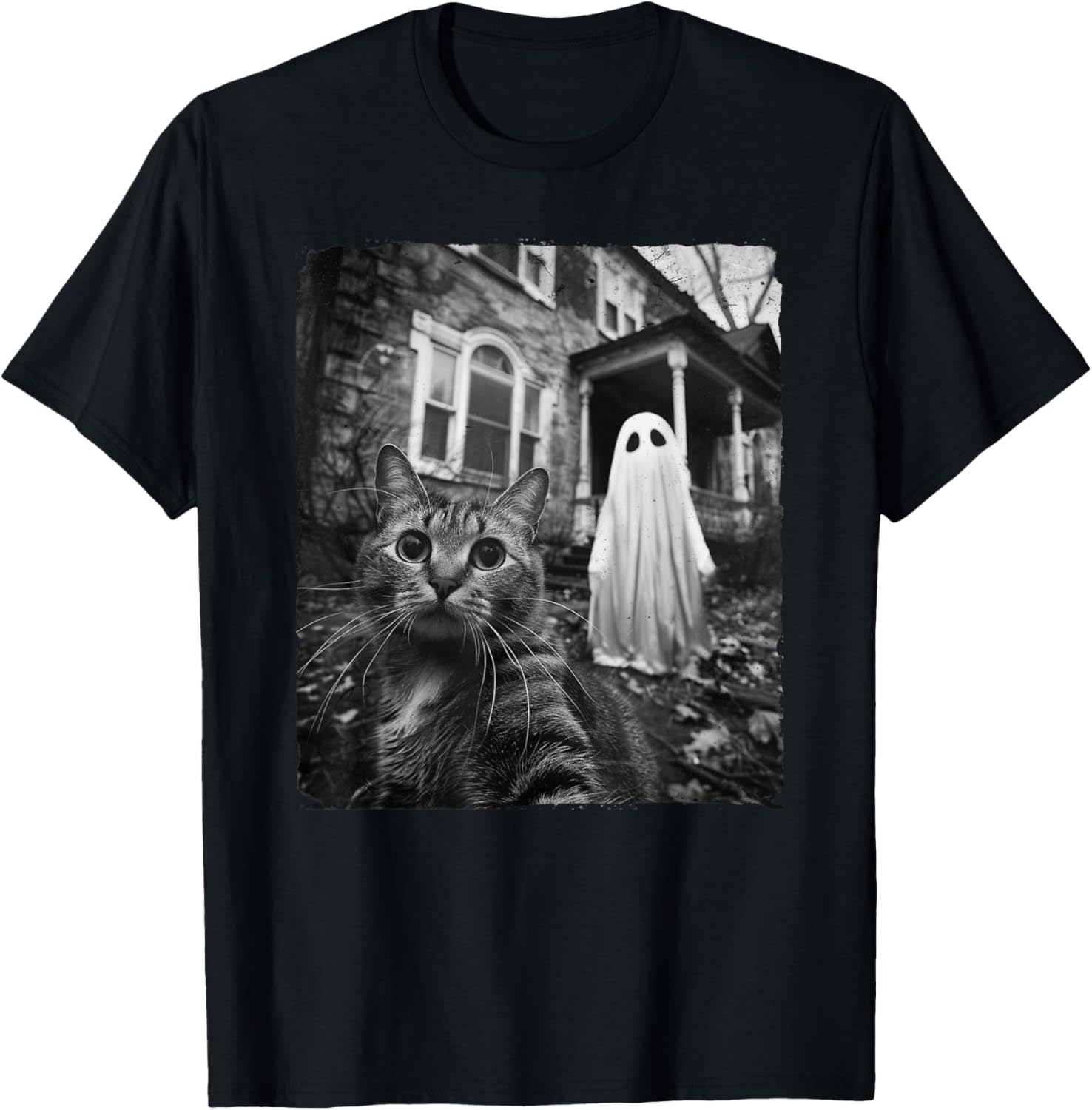 Funny Cat Selfie Ghost Halloween House Photo Haunted Spooky Women Kids T-Shirt - T-Shirt | Black