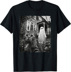 Funny Cat Selfie Ghost Halloween House Photo Haunted Spooky Women Kids T-Shirt - T-Shirt | Black