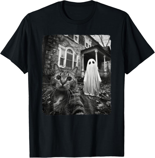 Funny Cat Selfie Ghost Halloween House Photo Haunted Spooky Women Kids T-Shirt - T-Shirt | Black