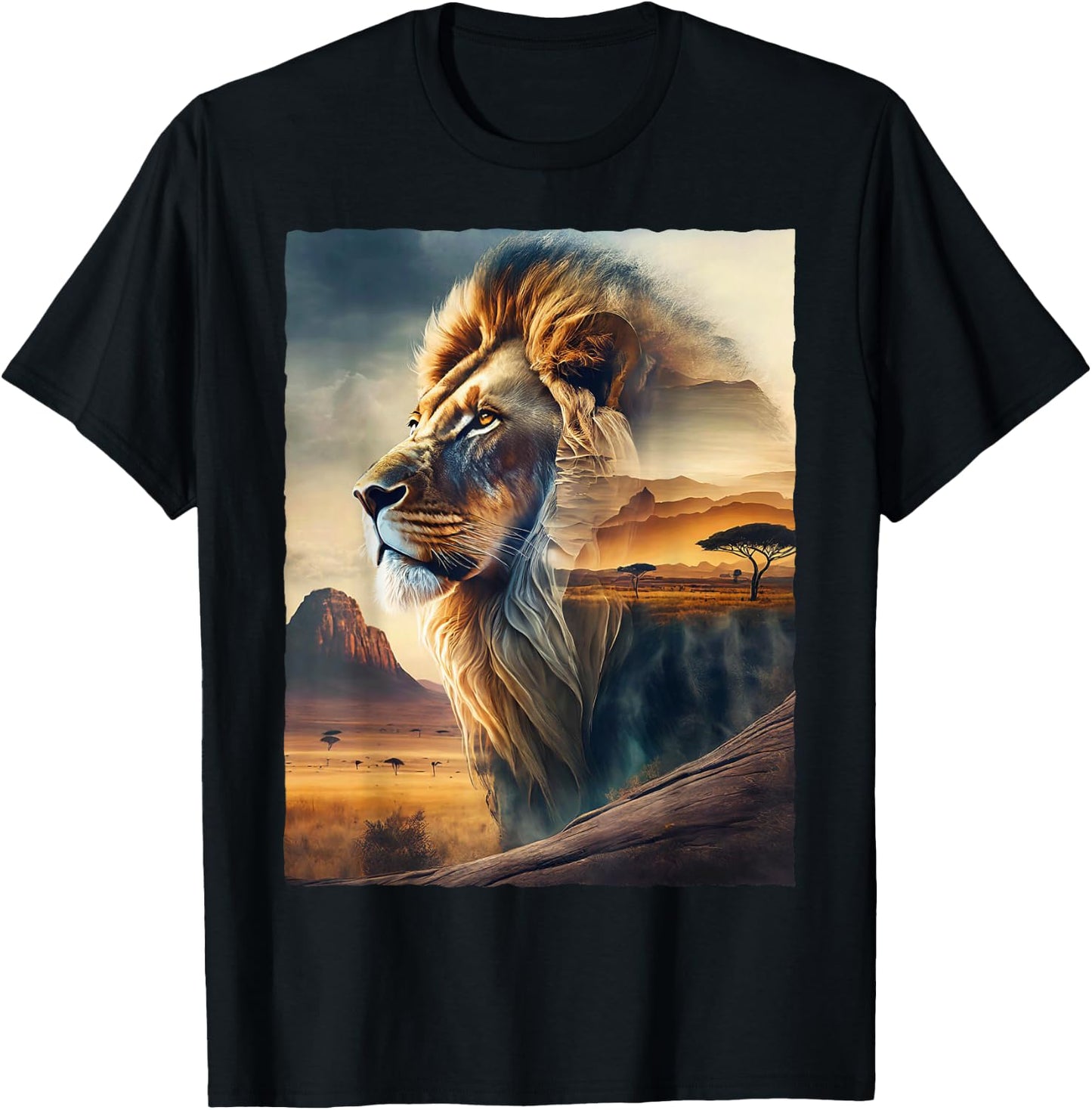 Lion and African Landscape T-Shirt - T-Shirt | Black