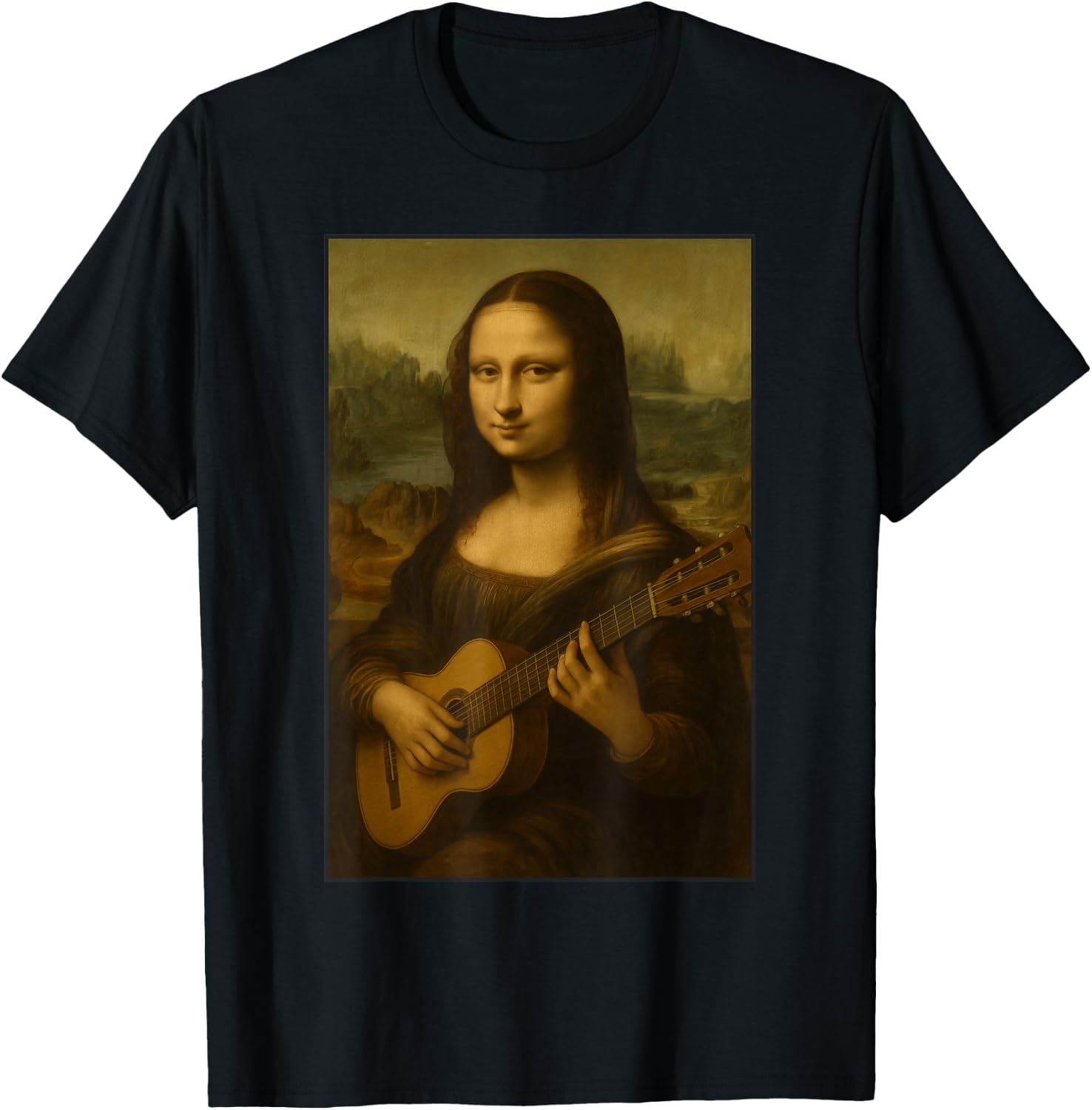 Mona Lisa Playing Guitar Renaissance Guitarist Musician Art T-Shirt - T-Shirt | Black