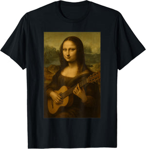 Mona Lisa Playing Guitar Renaissance Guitarist Musician Art T-Shirt - T-Shirt | Black