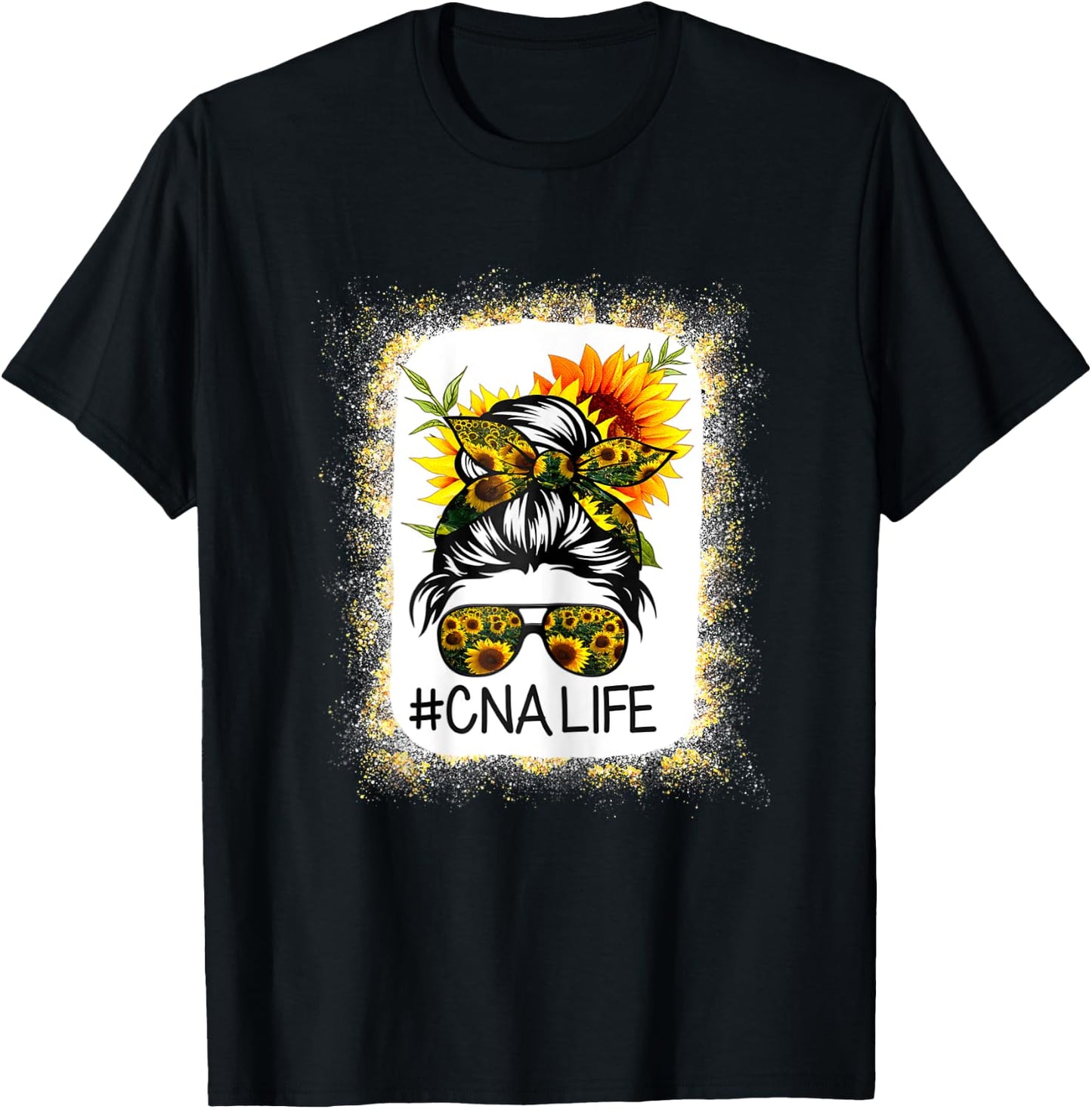CNA Life Messy Hair Bun Sunflower Women Mother's Day T-Shirt - T-Shirt | Black
