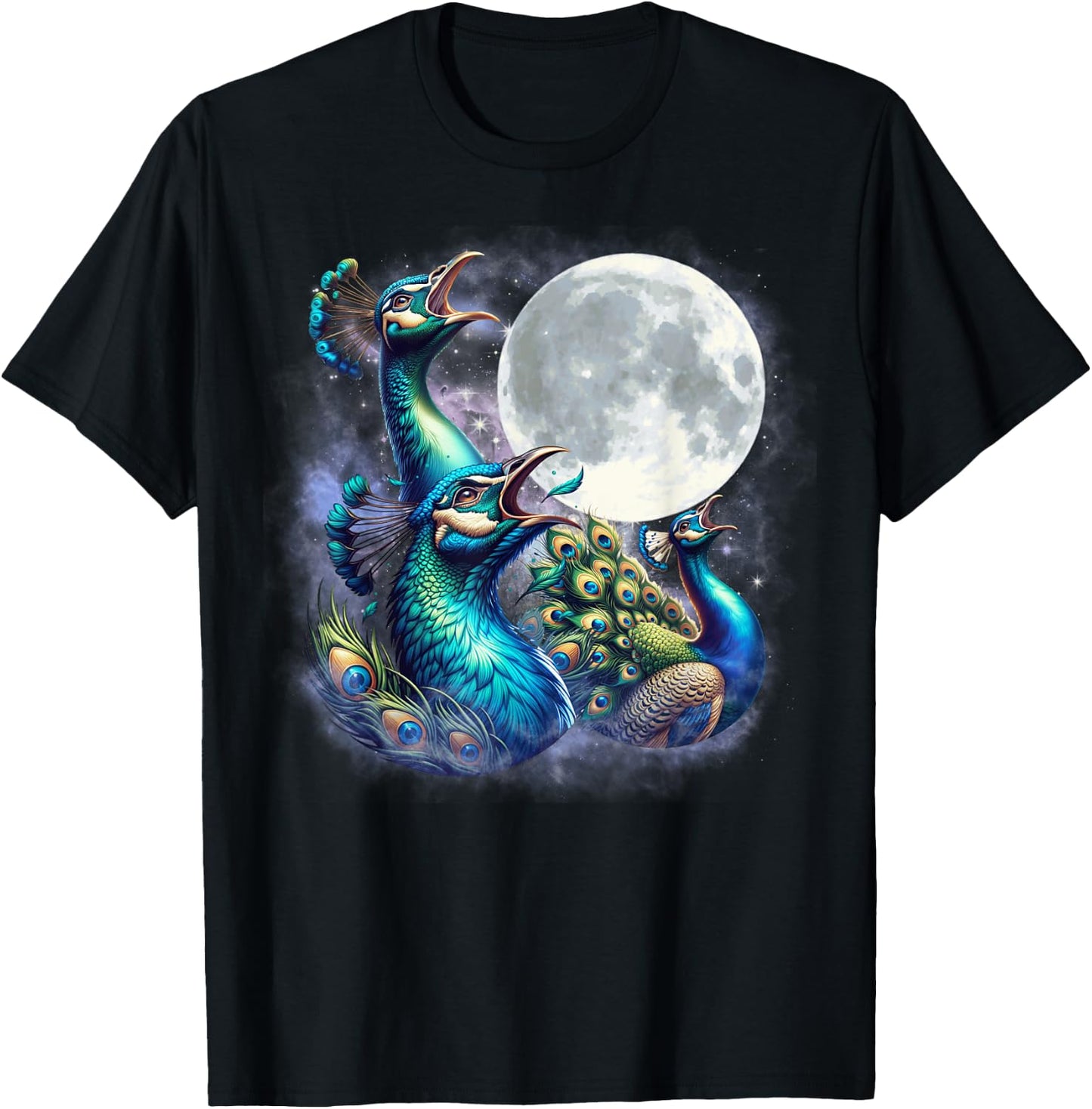 Three Peacocks Moon Funny Peacock Howling Wolfs Moon Parody T-Shirt - T-Shirt | Black