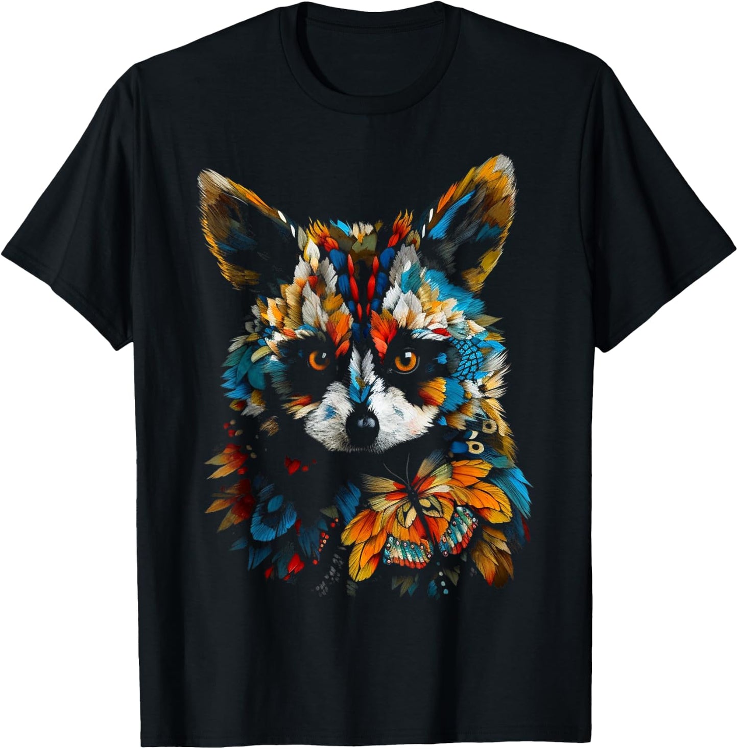 Raccoon Colourful Art - Butterfly Animal Raccoon T-Shirt - T-Shirt | Black