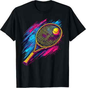 Colorful painted Tennis Racket and Ball on artistic Tennis T-Shirt - T-Shirt | Black
