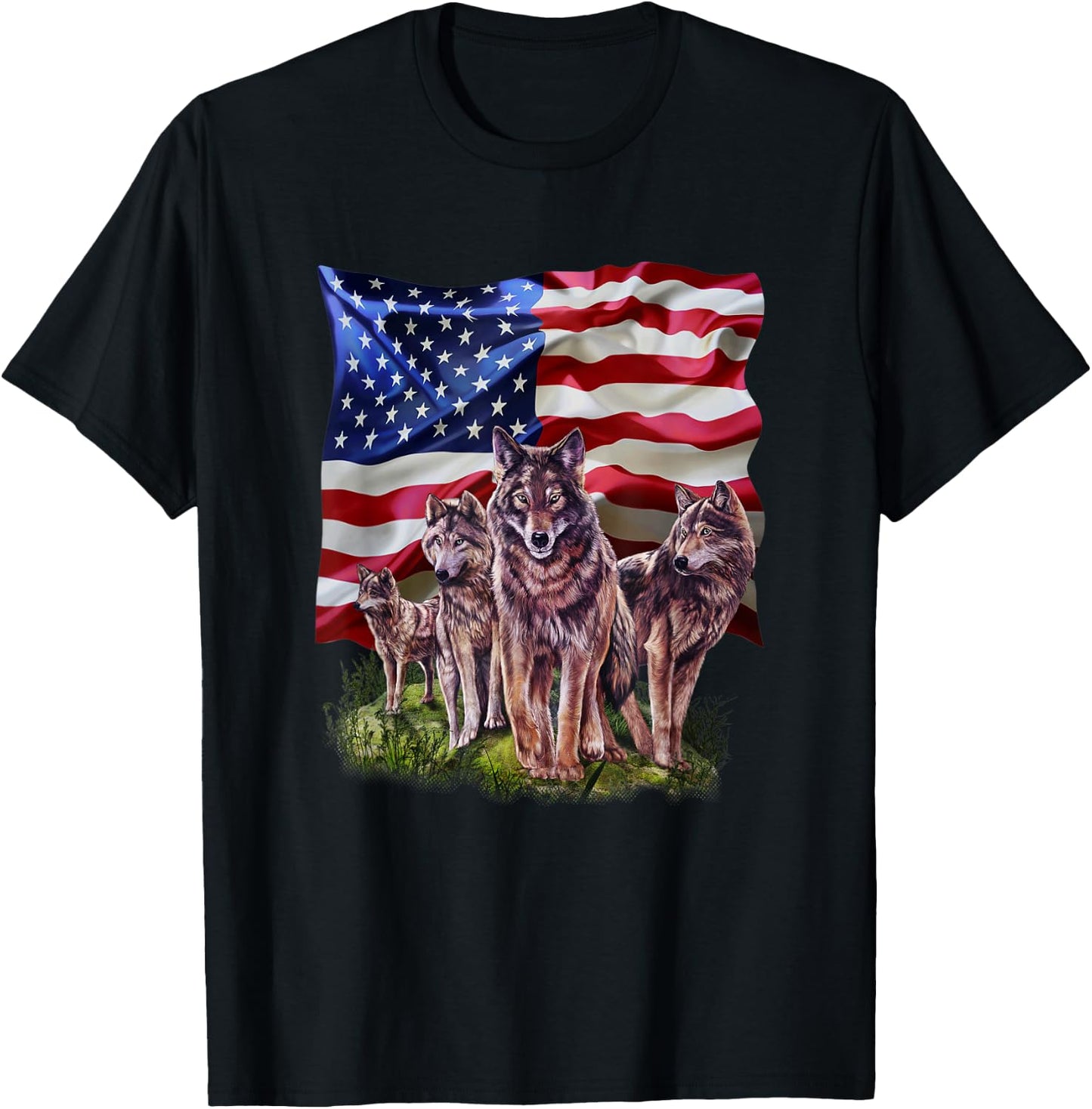 Wolf Family with Flag of USA T-Shirt - T-Shirt | Black
