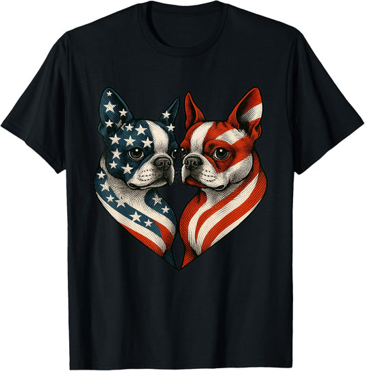 Patriotic Boston Terrier Dog Heart American Flag 4th Of July Men Women T-Shirt - T-Shirt | Black