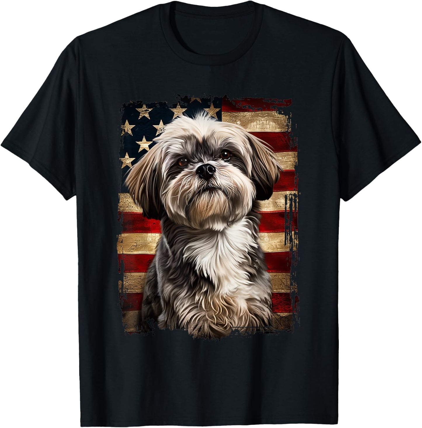 Lhasa Apso American Flag T-Shirt - T-Shirt | Black