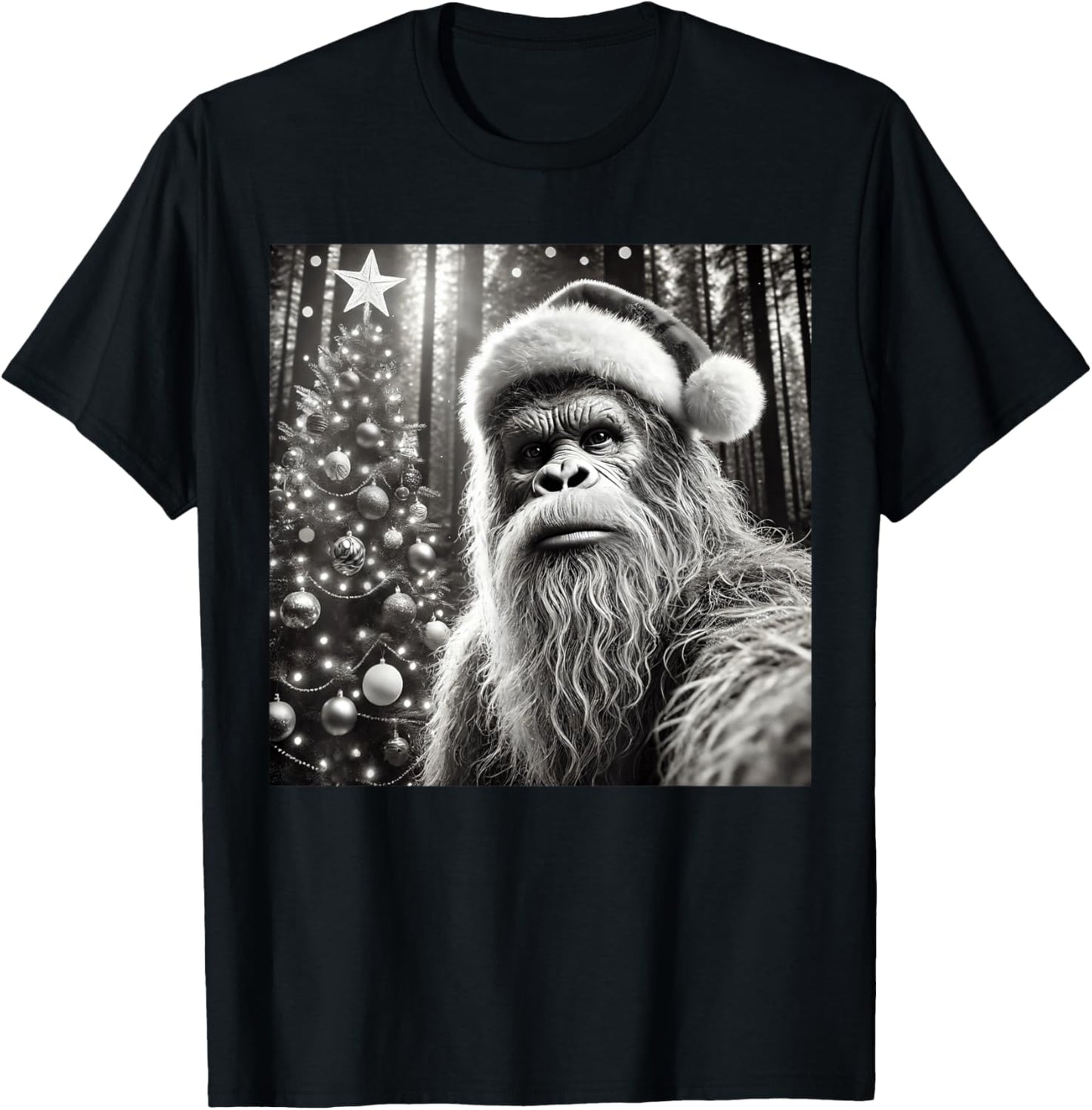 Funny Christmas Bigfoot -Adults Bigfoot Selfie with Christmas Tree Funny Sasquatch Design Black Short Sleeve Small T-Shirt - T-Shirt | Black