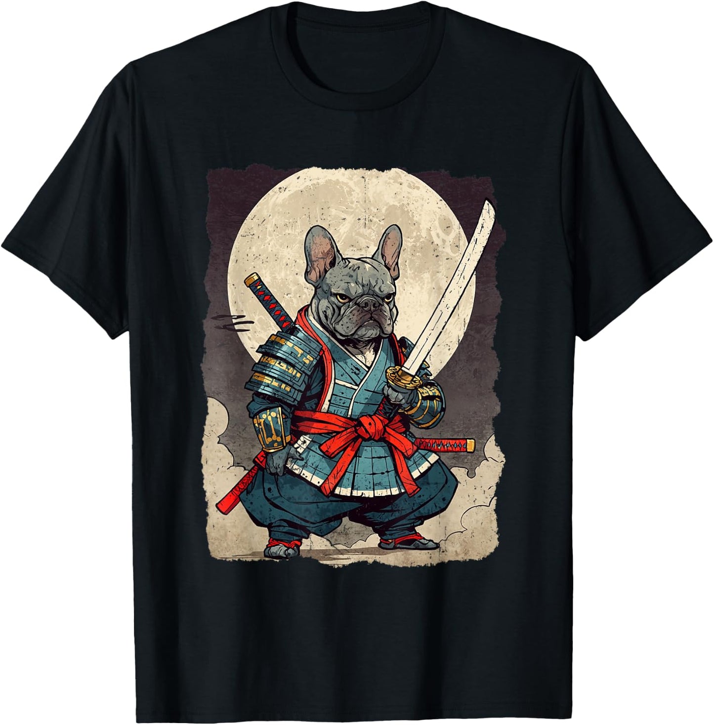 Bulldog Samurai Japanese Retro Ukiyoe Warrior French Bulldog T-Shirt - T-Shirt | Black