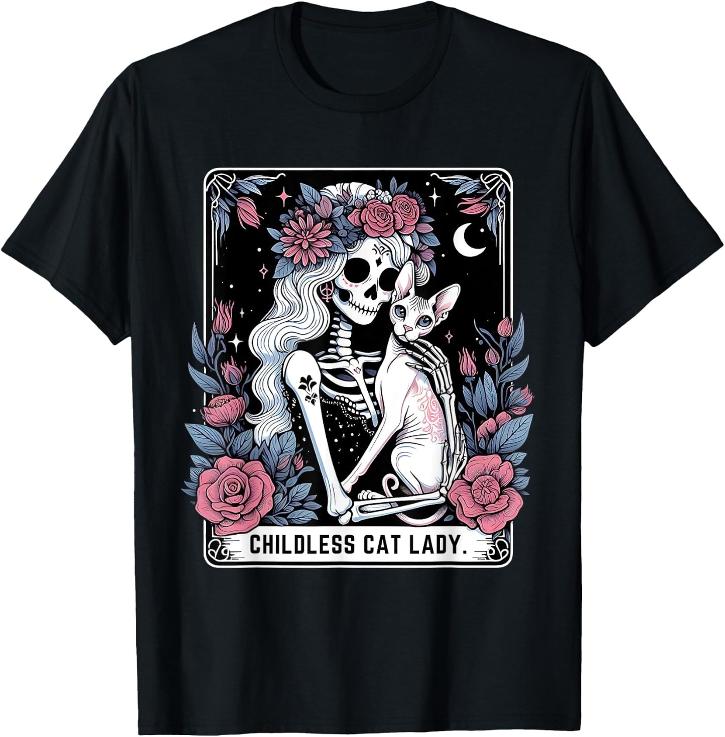 Childless Cat Lady Sphynx Tarot Card Cute Gothic Skeleton T-Shirt - T-Shirt | Black