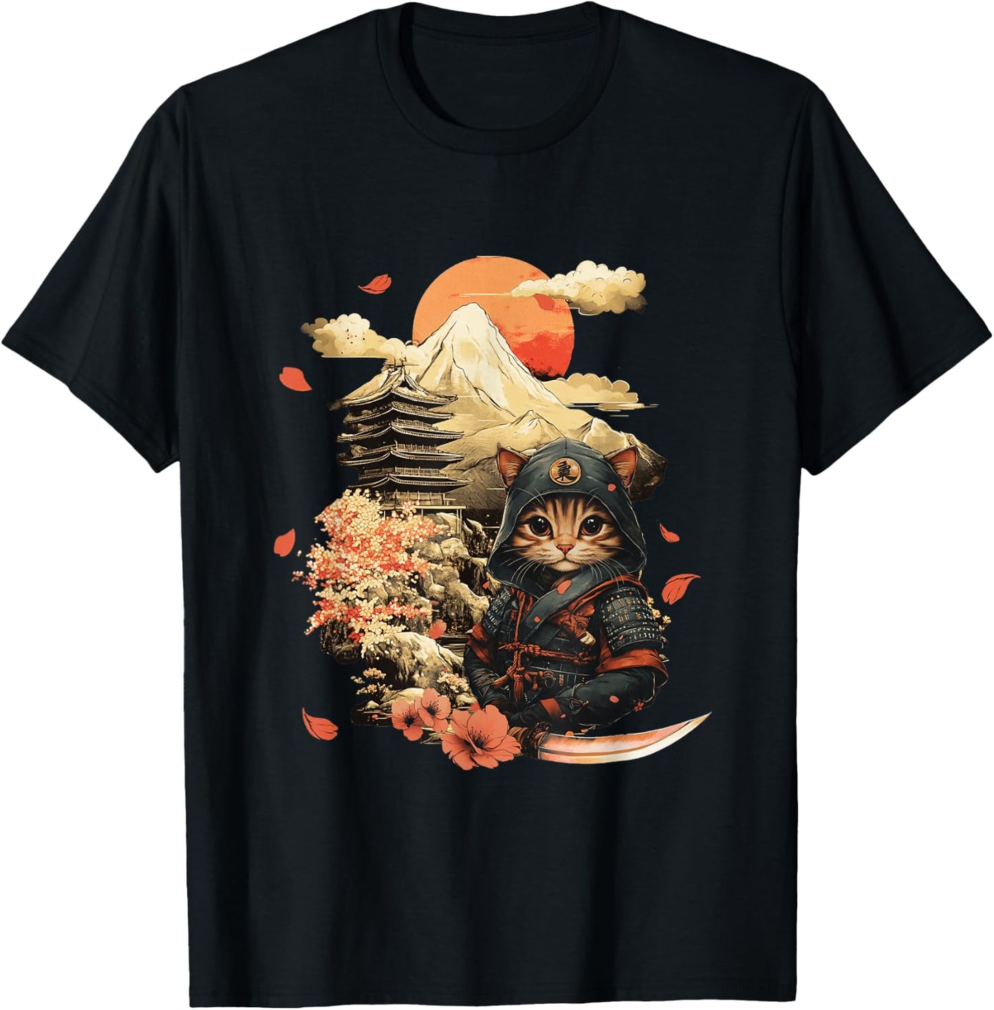 Vintage Japanese Samurai Ninja Cat Tattoo Kawaii T-Shirt - T-Shirt | Black