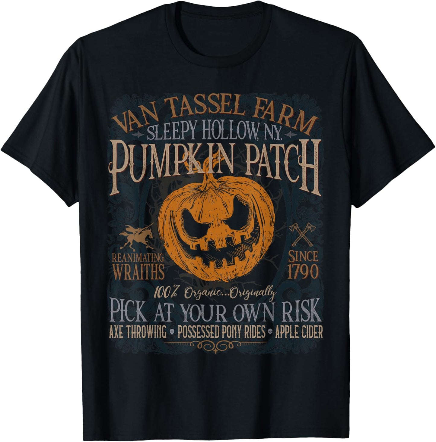 Sleepy Hollow Pumpkin Picking Farm Funny Halloween T-Shirt - T-Shirt | Black