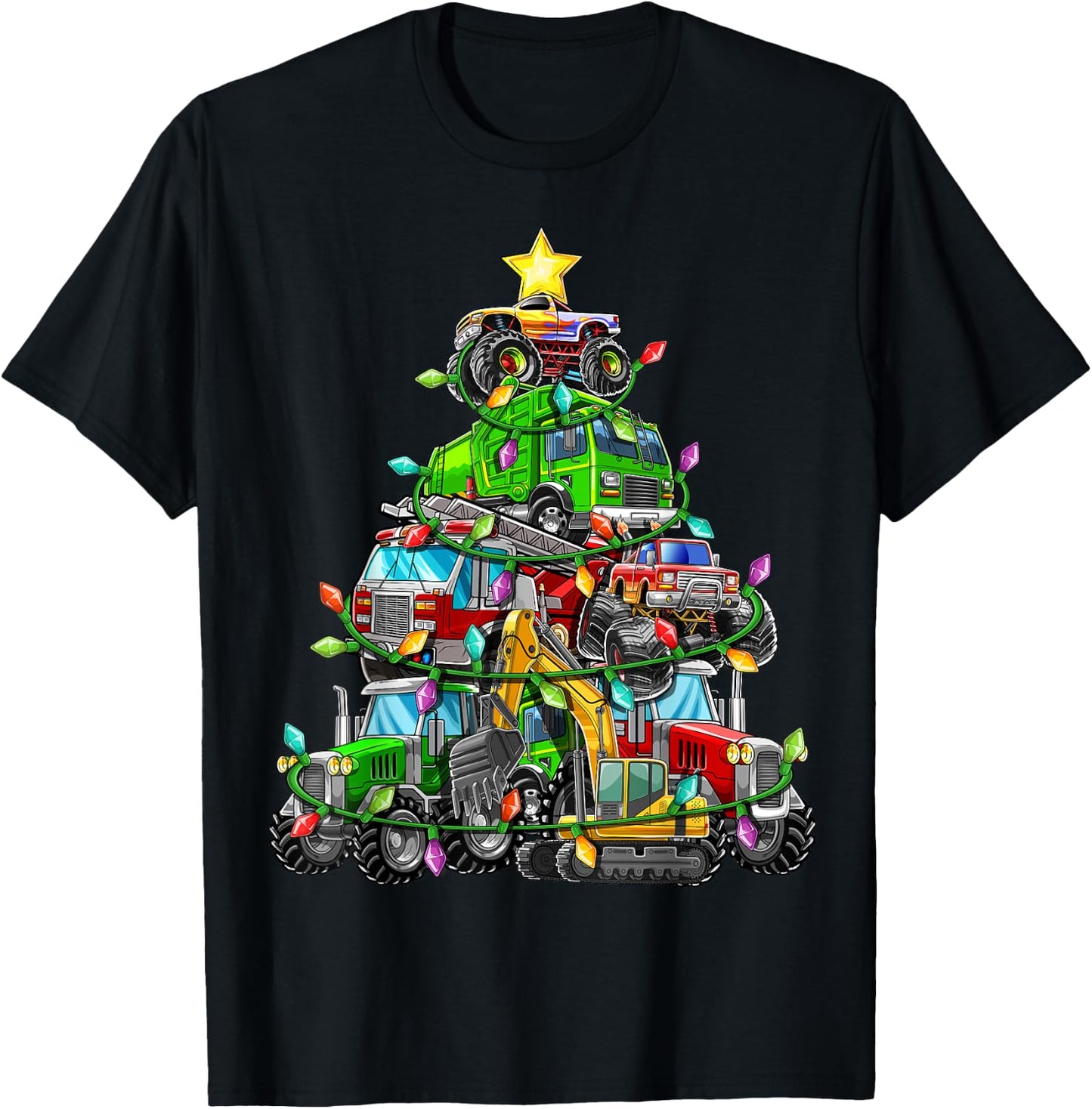 Christmas Tree Monster Truck Tractor Excavator Firetruck Boy T-Shirt - T-Shirt | Black