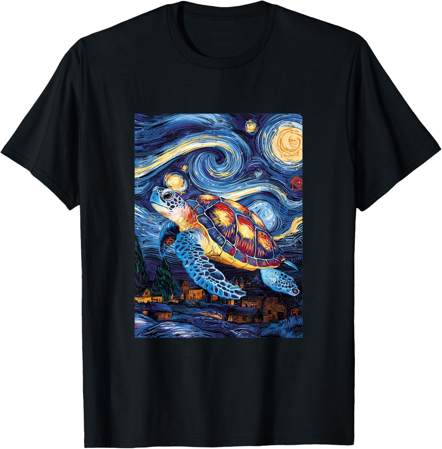 Artistic Sea Turtle Van Gogh Style Starry Night Turtle Art T-Shirt - T-Shirt | Black