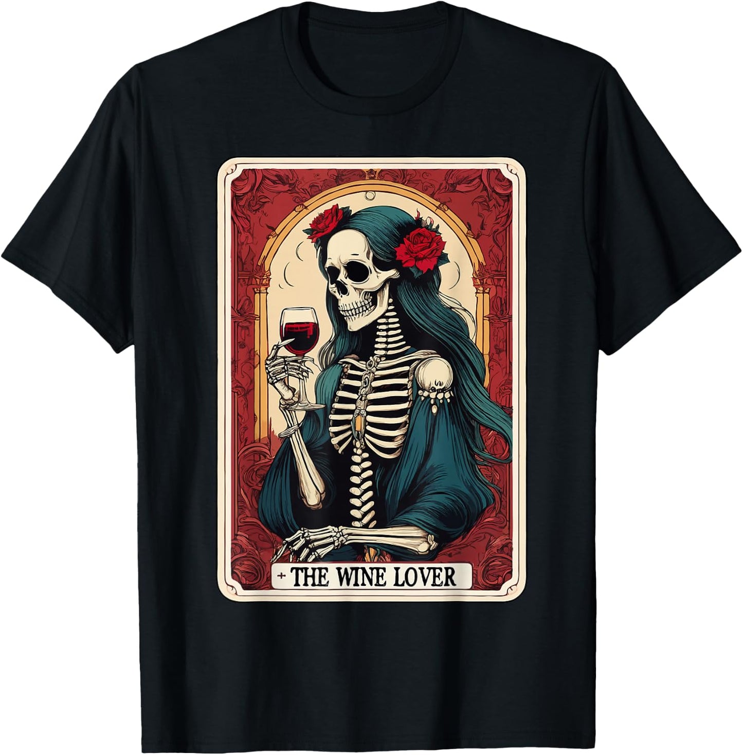 Wine Lover Tarot Card Skeleton Drinking Wine Goth Halloween T-Shirt - T-Shirt | Black