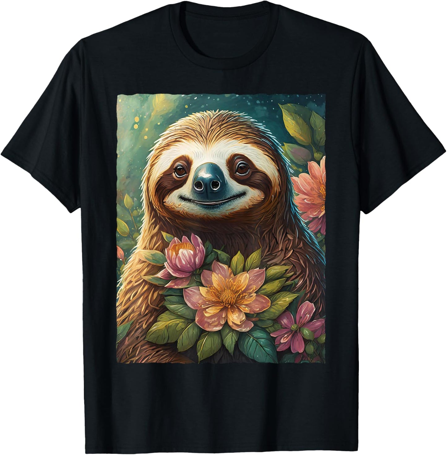 Cute Floral Sloth Watercolor Flowers Nature Animal Lover T-Shirt - T-Shirt | Black