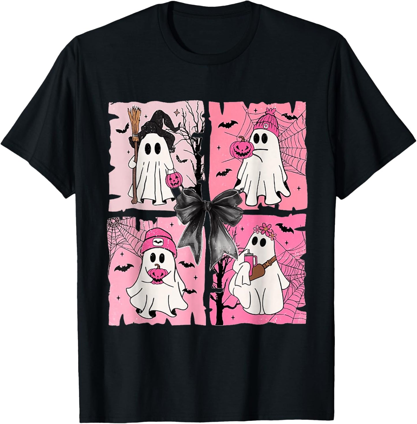 Girly Coquette Bow Ghost Spooky Season Halloween T-Shirt - T-Shirt | Black