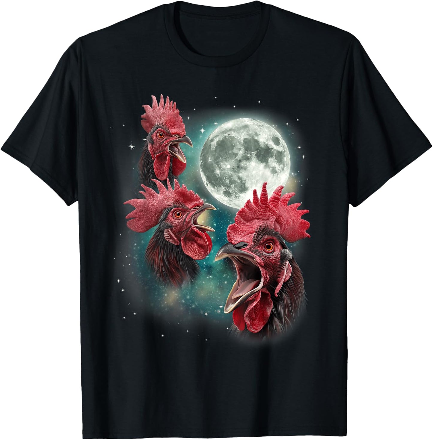 Three Rooster Moon | 3 Chickens Cluck At Moon Cursed Farm T-Shirt - T-Shirt | Black