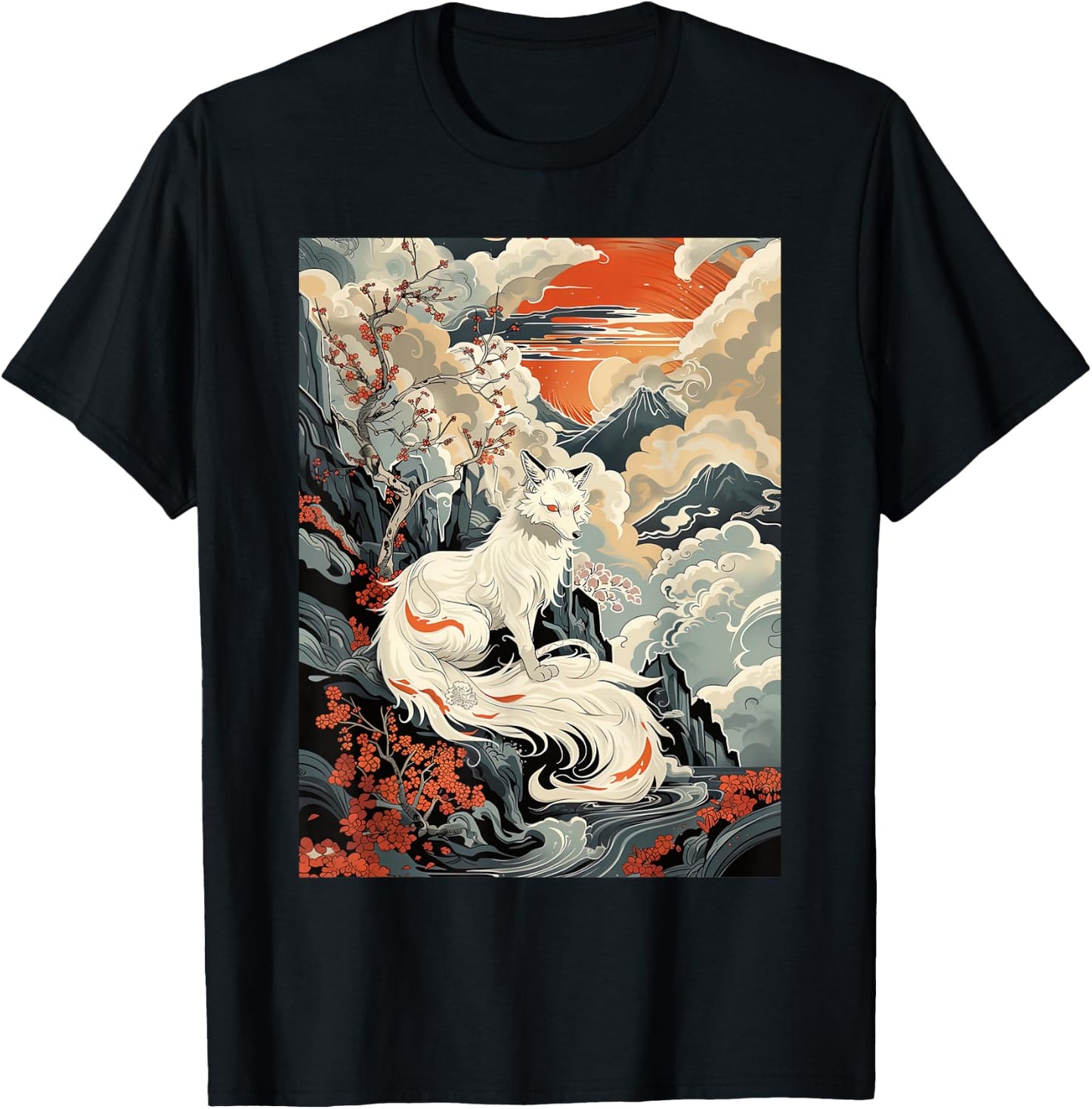 Vintage Japanese Woodblock Art Of Nine Tails Fox Kitsune Art T-Shirt - T-Shirt | Black