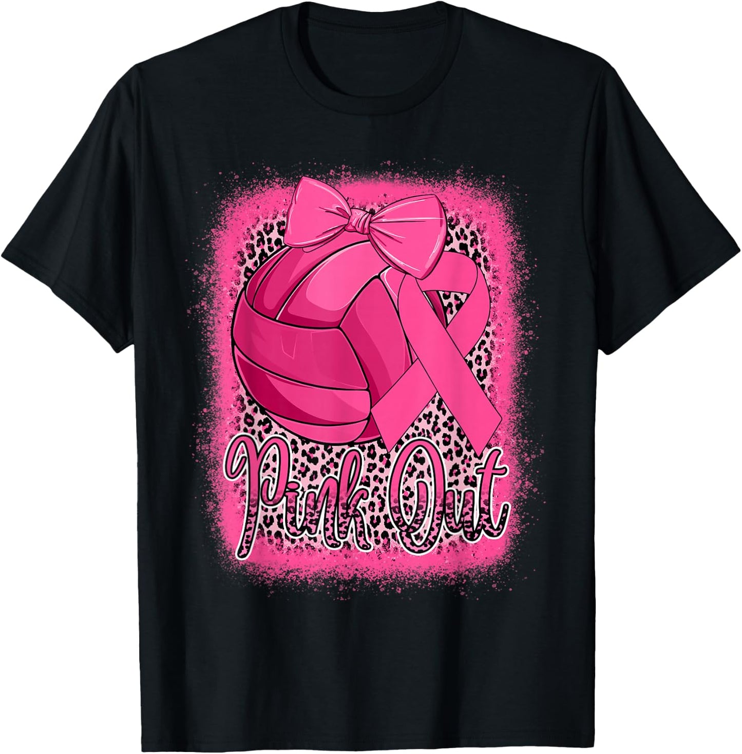 Pink Out Breast Cancer Awareness Volleyball Leopard Bleached T-Shirt - T-Shirt | Black