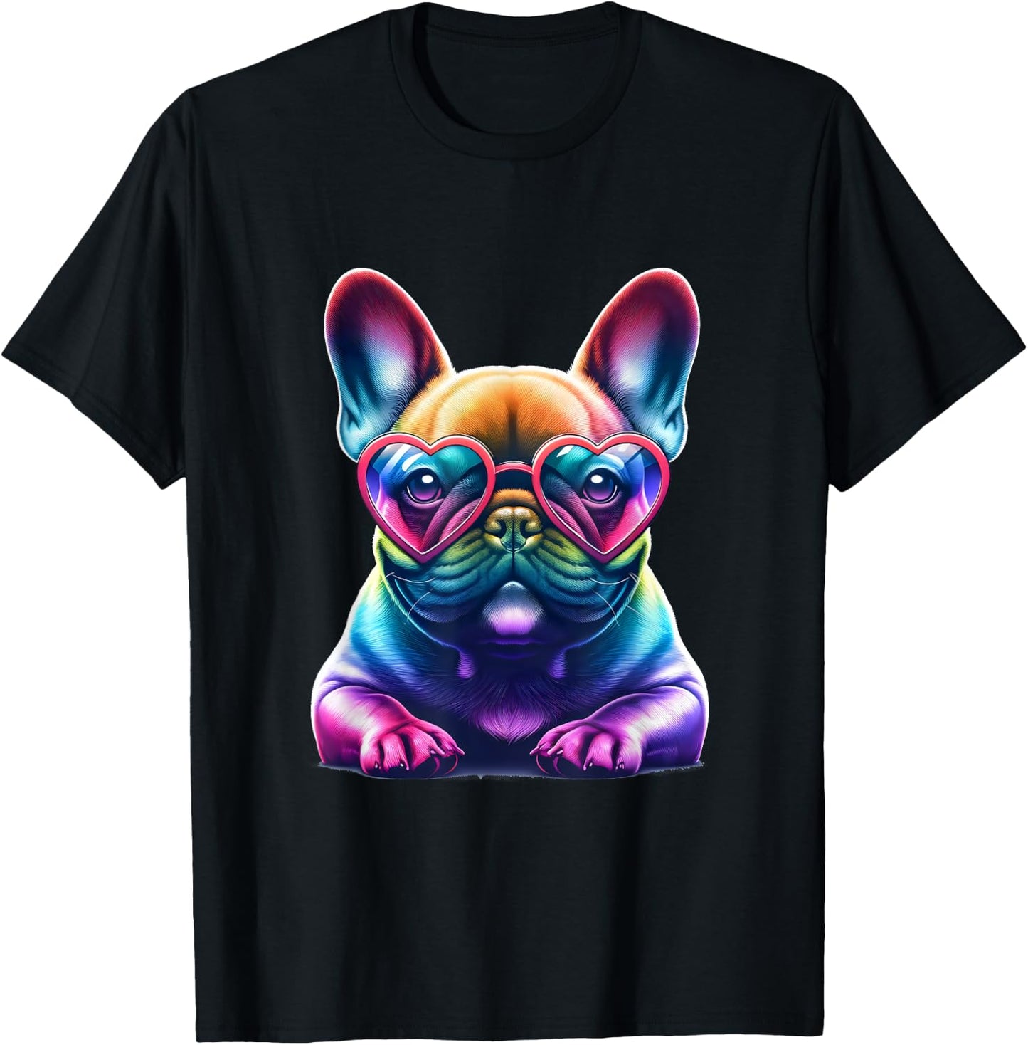 Rainbow Frenchie Wearing Heart Glasses Puppy Love Dog Funny T-Shirt - T-Shirt | Black