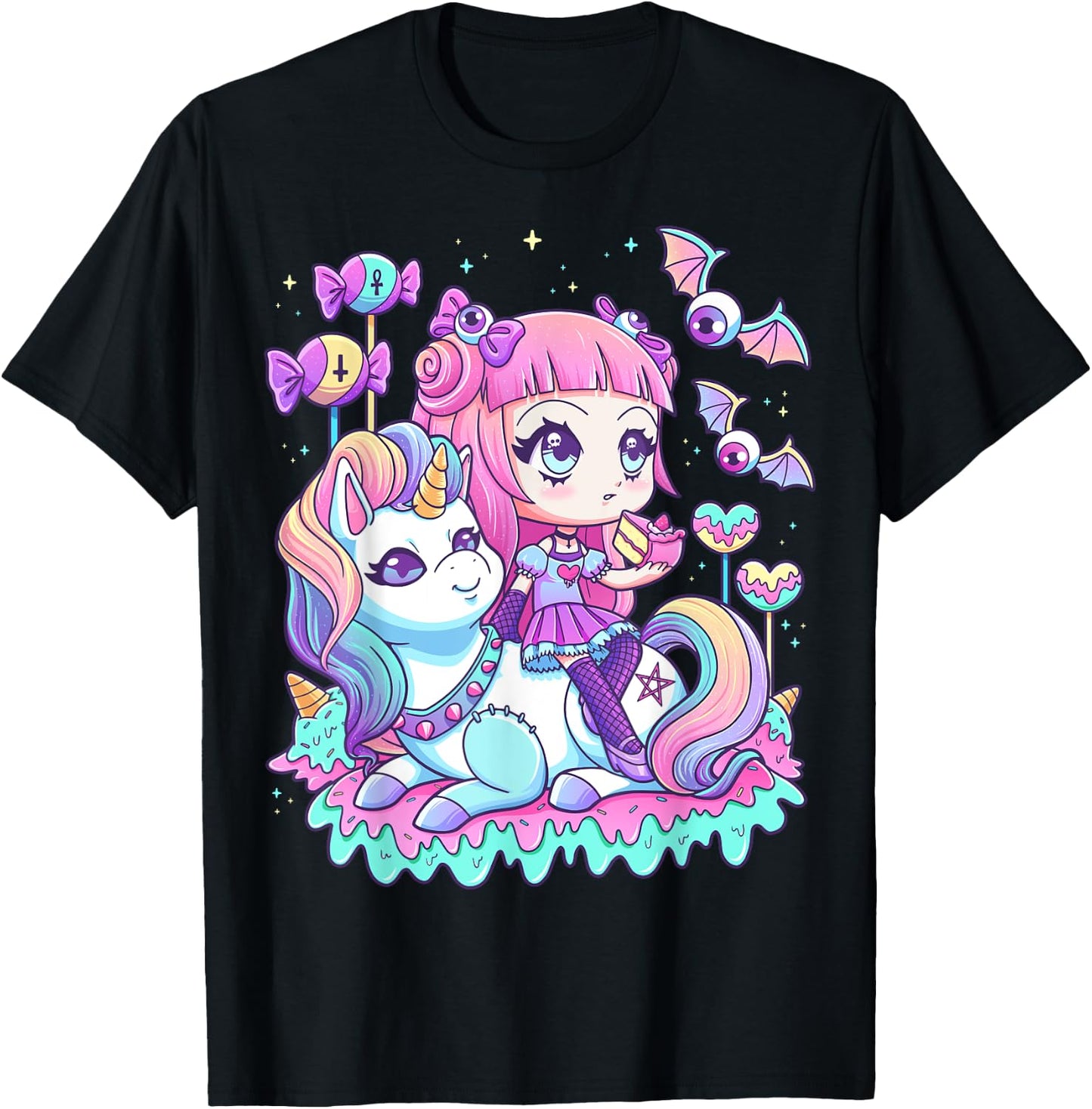 Pastel Goth Cute Creepy Girl Unicorn Kawaii Menhera Witchy T-Shirt - T-Shirt | Black