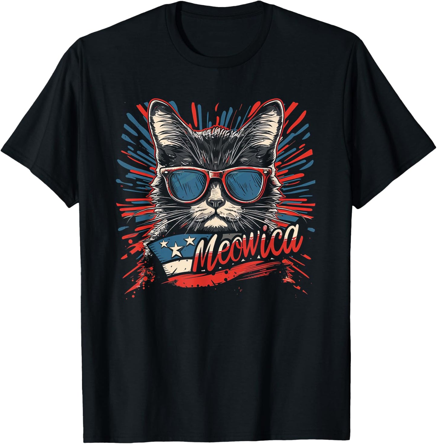 Meowica 4th of July Cat American Flag America USA Funny Kids Men T-Shirt - T-Shirt | Black