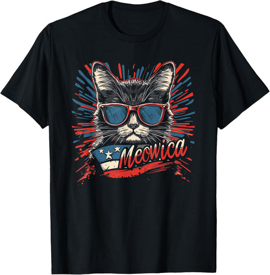 Meowica 4th of July Cat American Flag America USA Funny Kids Men T-Shirt - T-Shirt | Black