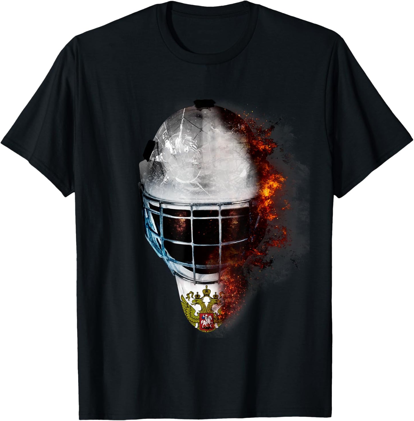 Russia Flag And Ice Hockey Goal Mask Fire Hockey T-Shirt - T-Shirt | Black
