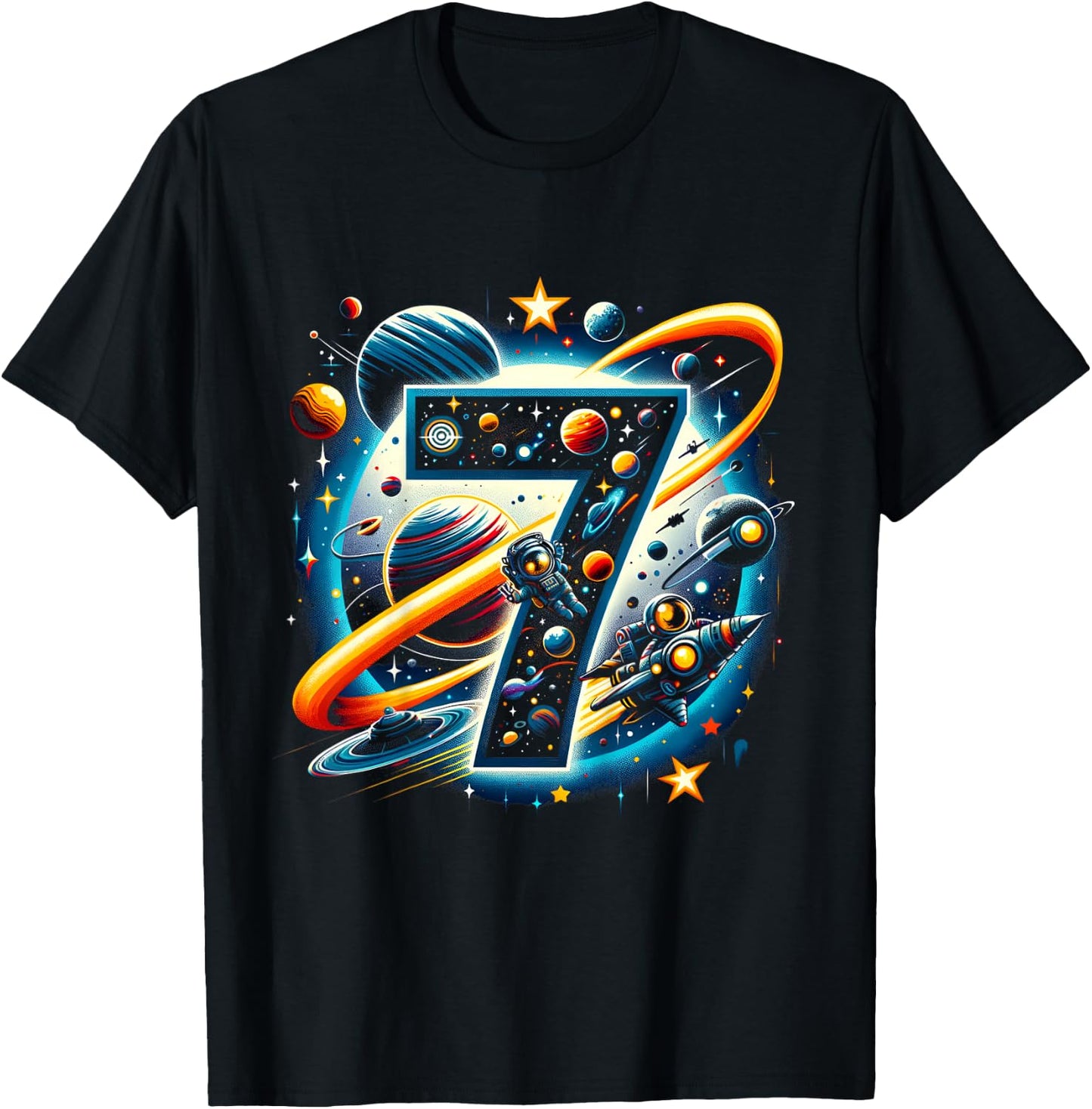 Kids Astronaut 7th Birthday Space Boys 7 Years Spaceship T-Shirt - T-Shirt | Black