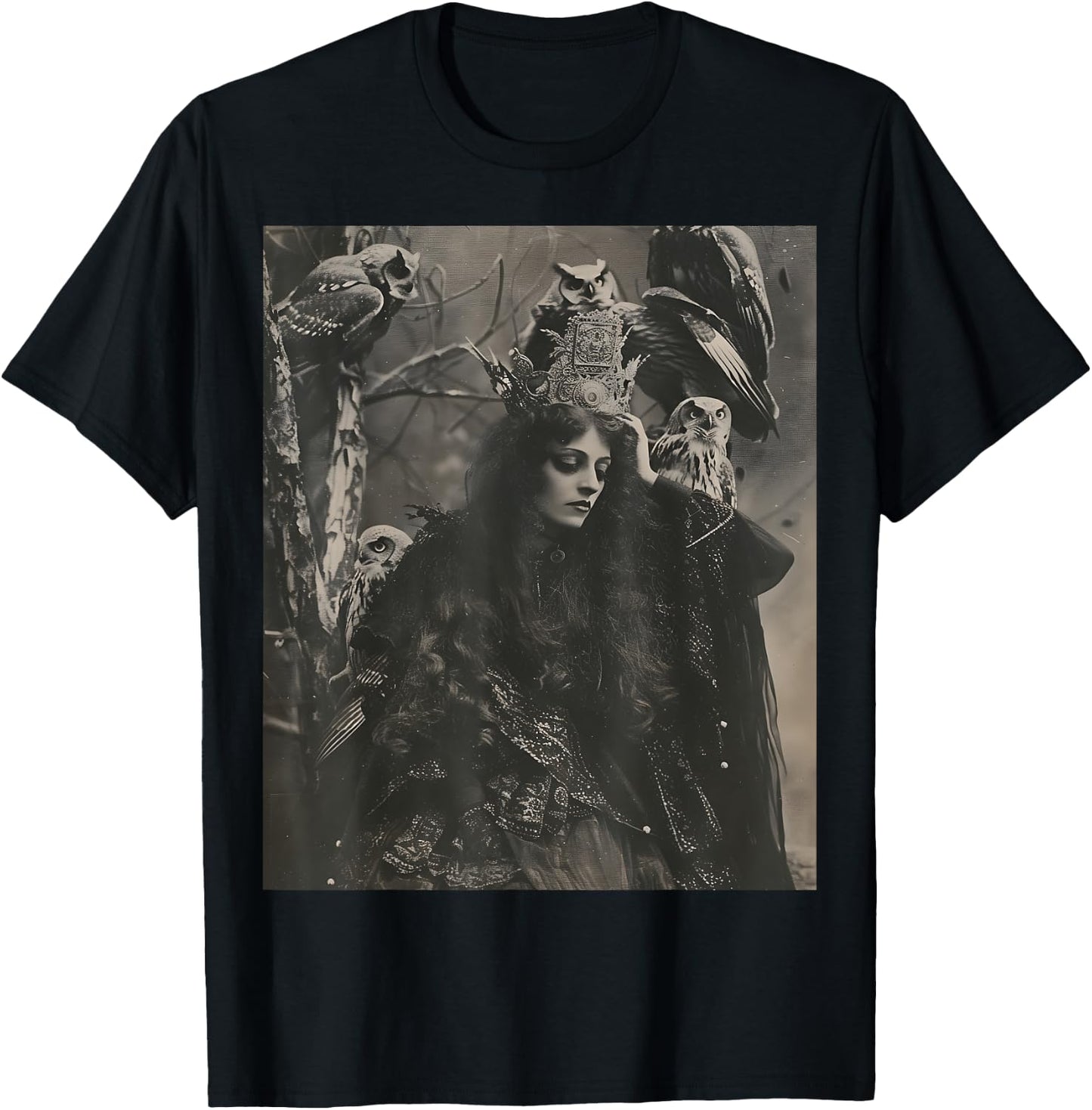 Vintage Witch Sorceress With Raptor Owl Birds Goth Gothic T-Shirt - T-Shirt | Black