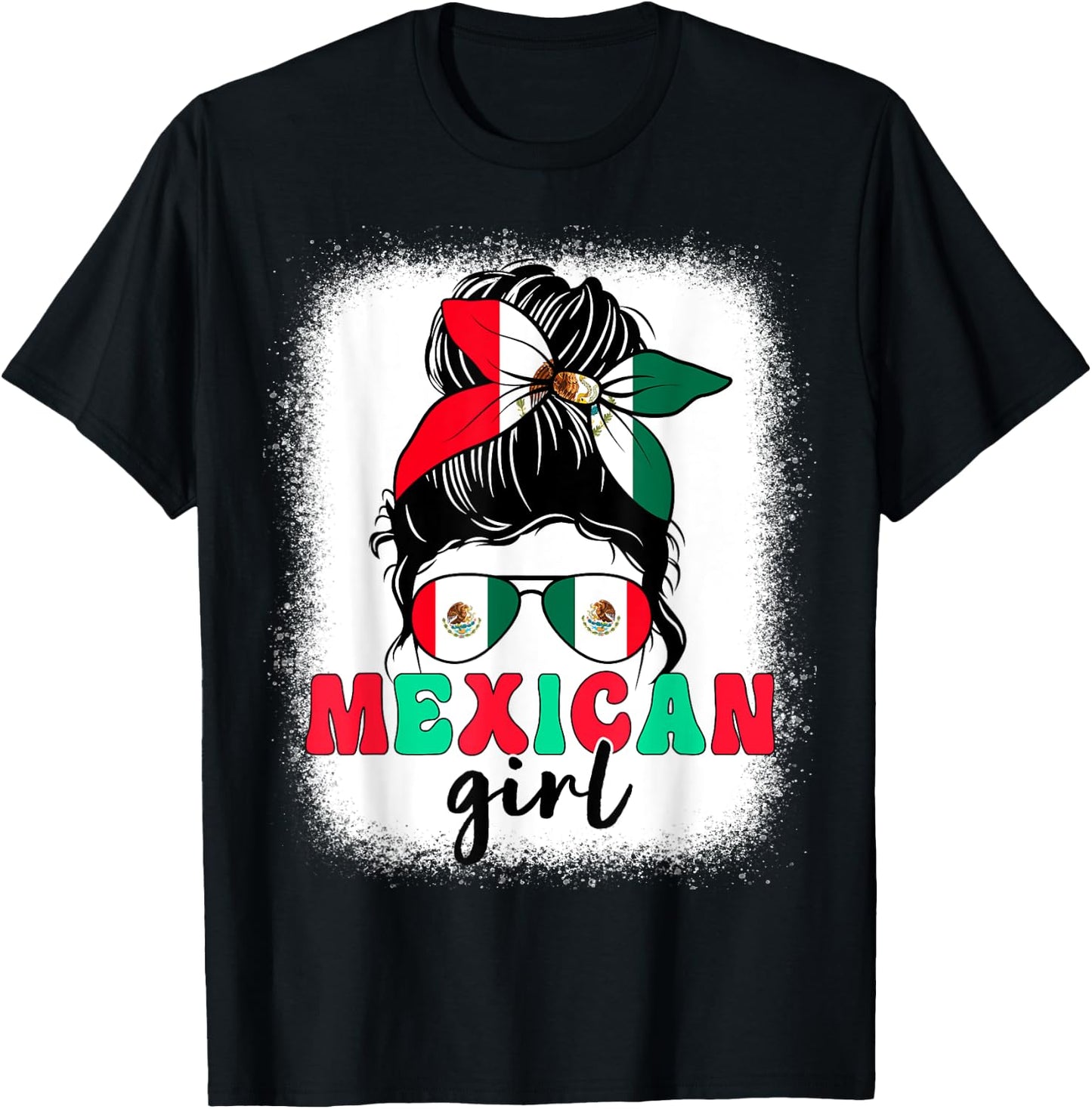 Mexican Girl Messy Bun Mexico Flag Patriotic Women Kids T-Shirt - T-Shirt | Black