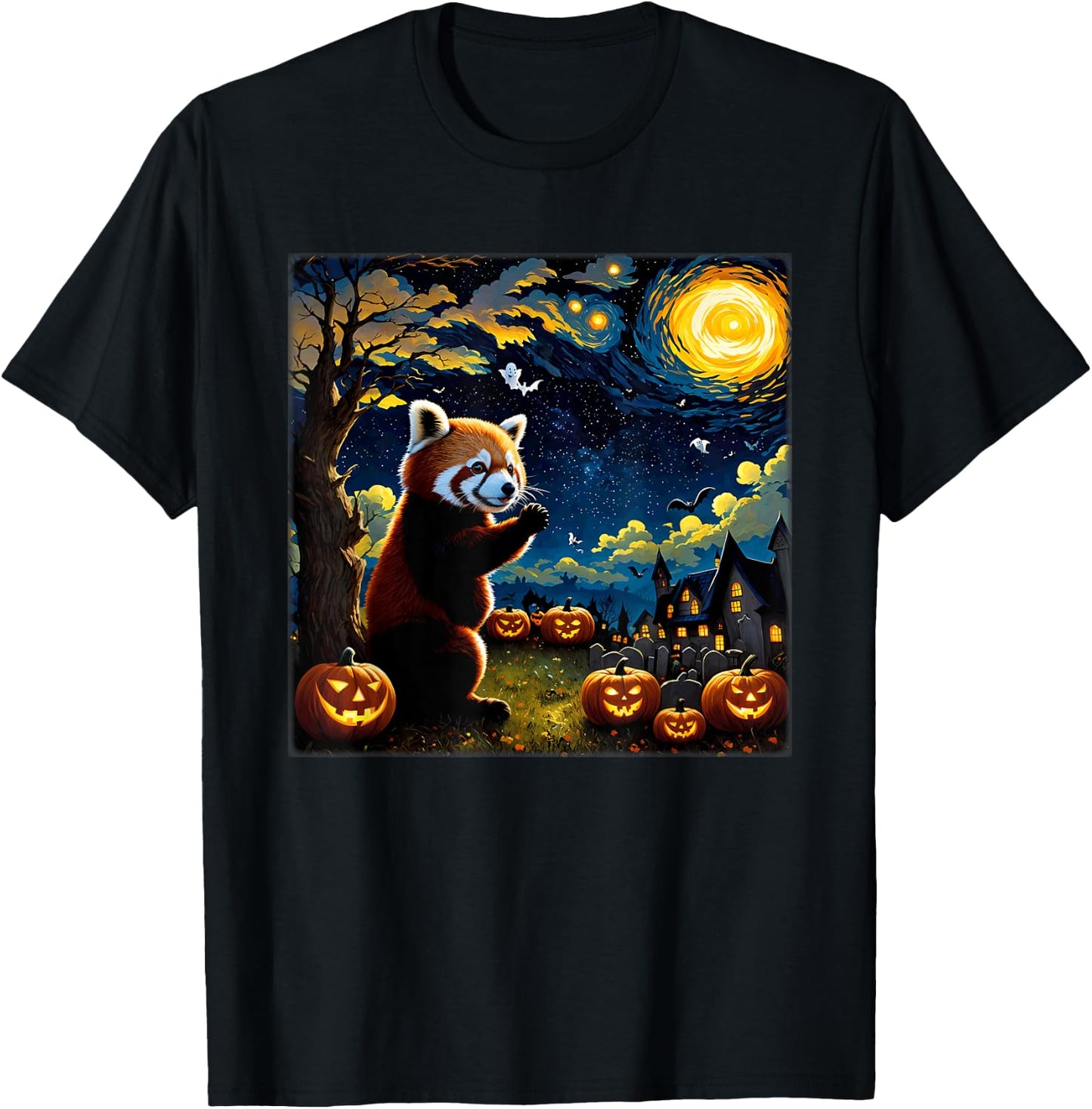 Spooky Halloween Red Panda Starry Night T-Shirt - T-Shirt | Black