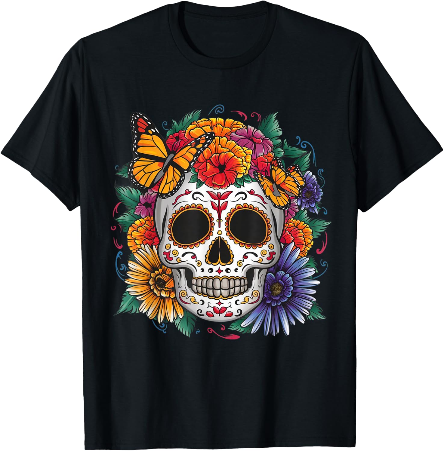 Sugar Skull Butterfly Day of Dead Halloween Dia De Muertos T-Shirt - T-Shirt | Black