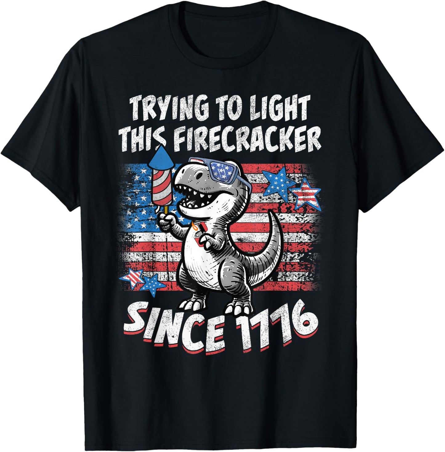 Funny Dino American Flag Firework T Rex Dinosaur 4th of July T-Shirt - T-Shirt | Black