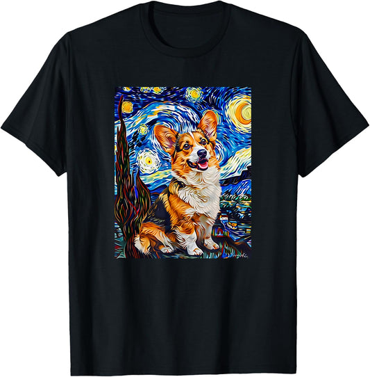 Cute Van Gogh Corgi Starry Night Funny Women Men T-Shirt - T-Shirt | Black