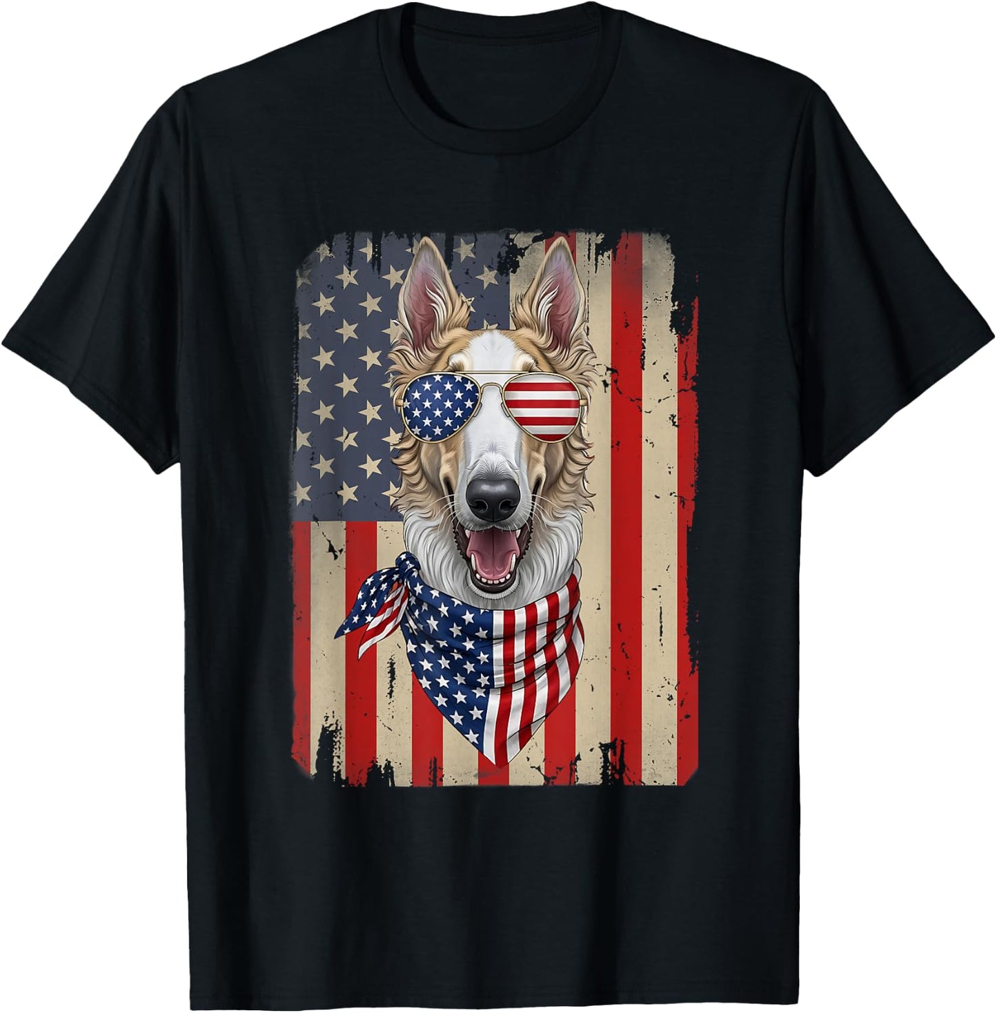 4th of July Borzoi Dog American Flag USA Patriotic T-Shirt - T-Shirt | Black