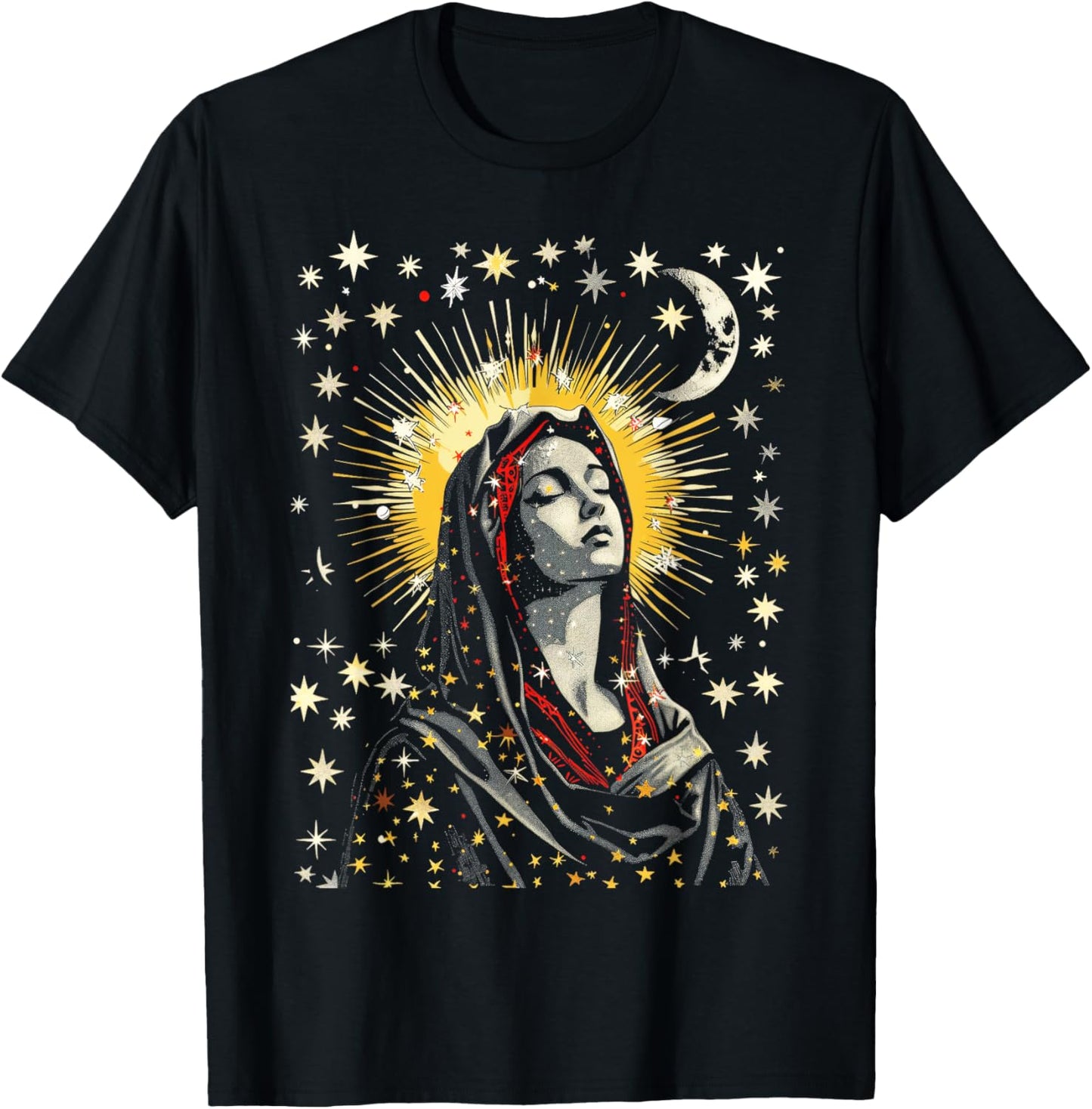 Virgin Mary Stars Moon Religious Saint Catholic T-Shirt - T-Shirt | Black
